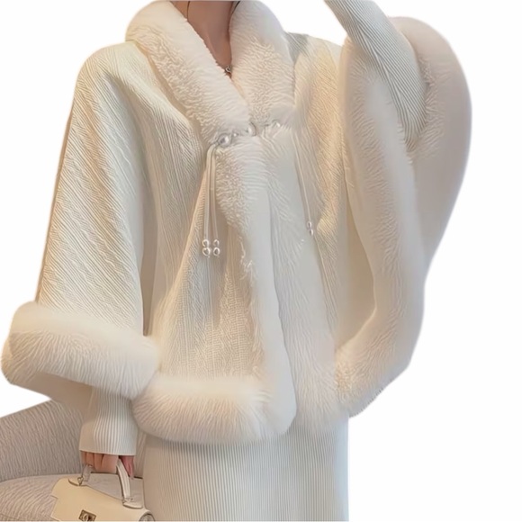 Sweaters - Luxurious And Stylish White Faux Fur Trim Cape/Shawl NWT